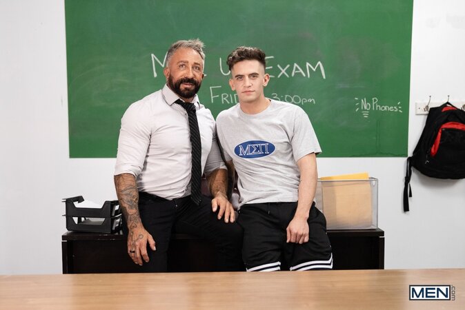 Trevor Brooks gets caught with his dildo out by handsome professor Ken Rock