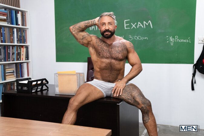 Trevor Brooks gets caught with his dildo out by handsome professor Ken Rock