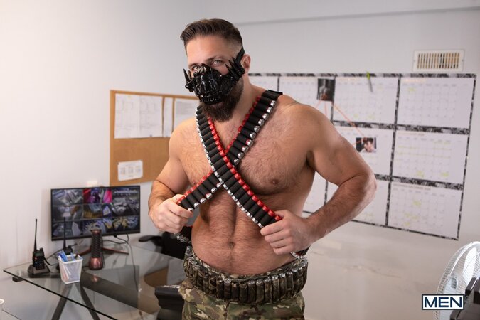 Vigilante Chuck Conrad replaces the dildo of officer Felix Trainor with meat