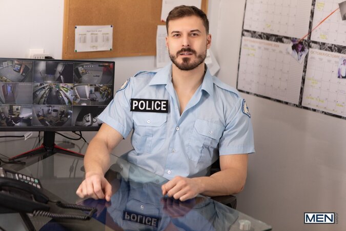 Vigilante Chuck Conrad replaces the dildo of officer Felix Trainor with meat