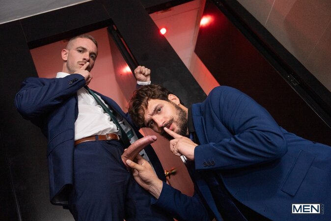 Mustached Apolo Adrii sneaks into a bathroom stall with Samuel Hodecker