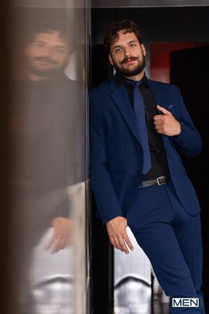 Mustached Apolo Adrii sneaks into a bathroom stall with Samuel Hodecker