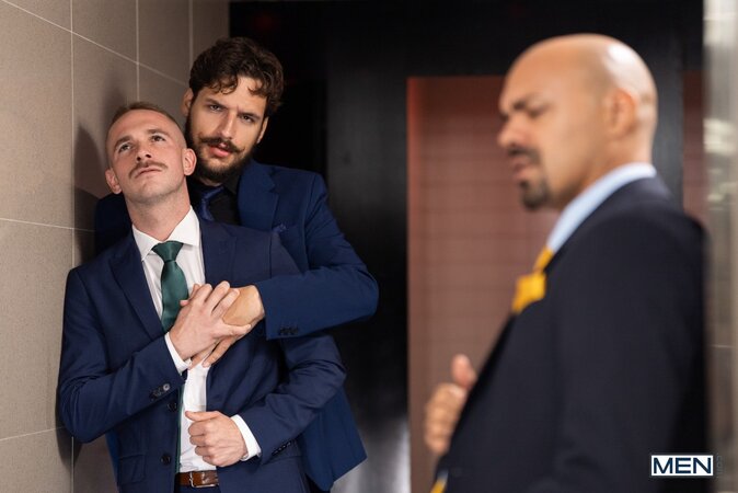 Mustached Apolo Adrii sneaks into a bathroom stall with Samuel Hodecker