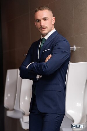 Mustached Apolo Adrii sneaks into a bathroom stall with Samuel Hodecker