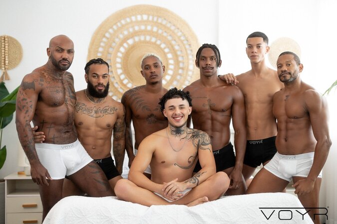 Gonzales gets covered in hot cum during a wild gangbang session with studs