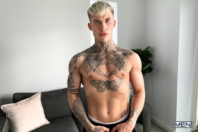 Tattooed jock Cole Clint teases his jockstrap in a hot solo show