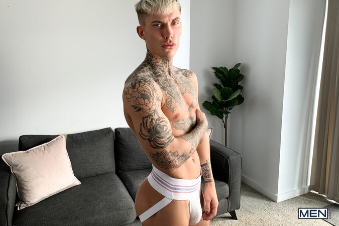 Tattooed jock Cole Clint teases his jockstrap in a hot solo show