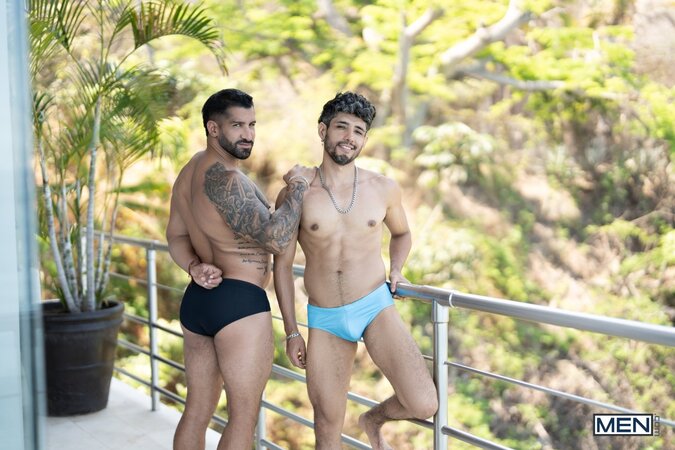 Octavio rides Abraham Shehell after balcony flirting turns into rough sex