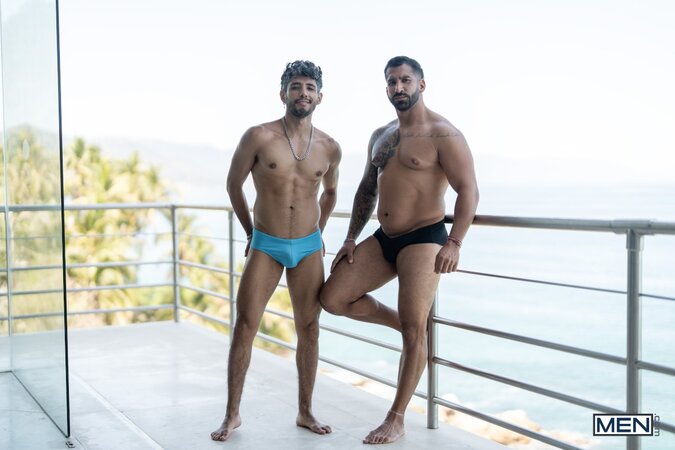 Octavio rides Abraham Shehell after balcony flirting turns into rough sex