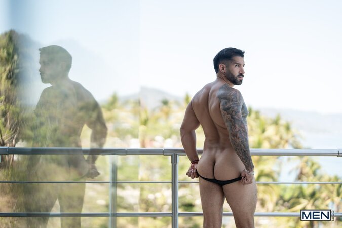 Octavio rides Abraham Shehell after balcony flirting turns into rough sex