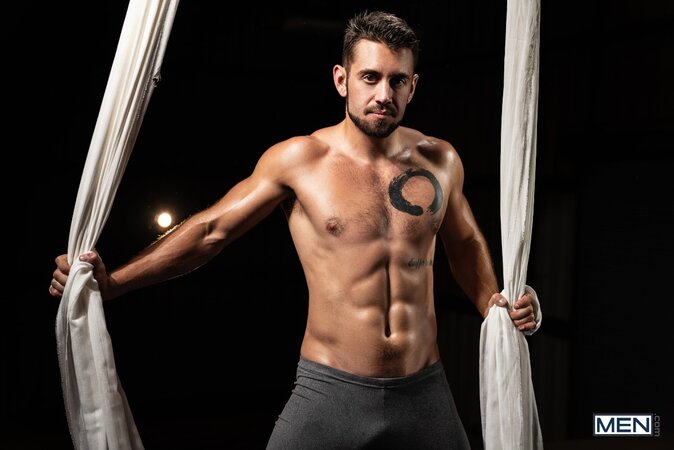 Gymnastics coach Dante Colle fucks student Dale midair on aerial silks