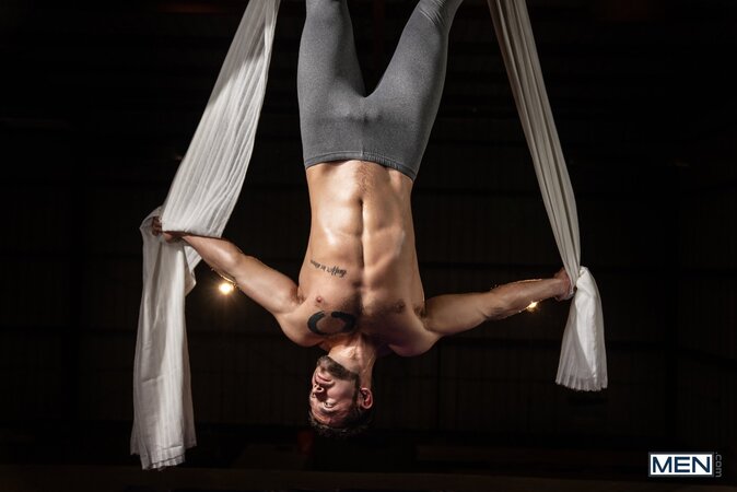 Gymnastics coach Dante Colle fucks student Dale midair on aerial silks