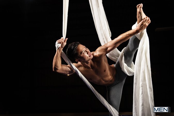 Gymnastics coach Dante Colle fucks student Dale midair on aerial silks