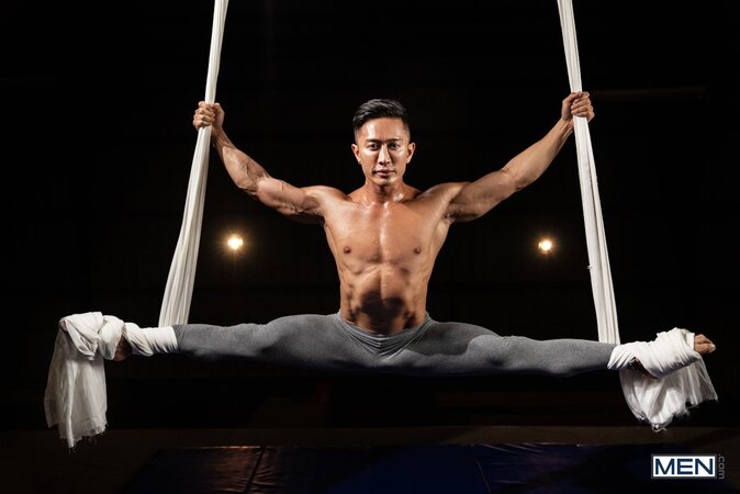 Gymnastics coach Dante Colle fucks student Dale midair on aerial silks