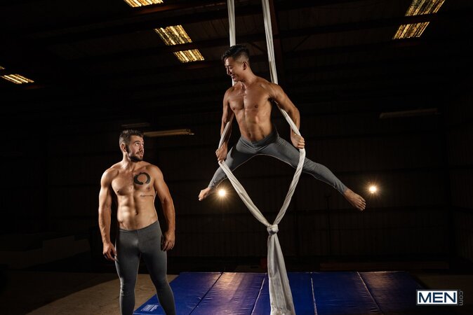 Gymnastics coach Dante Colle fucks student Dale midair on aerial silks