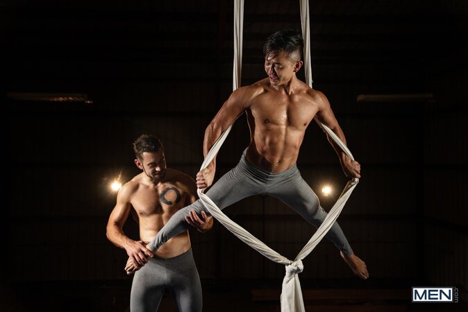 Gymnastics coach Dante Colle fucks student Dale midair on aerial silks