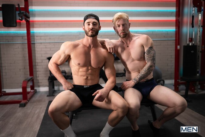 David Rage interrupts the workout video of Andrew Rage for a heavy gym fuck