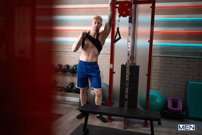 David Rage interrupts the workout video of Andrew Rage for a heavy gym fuck