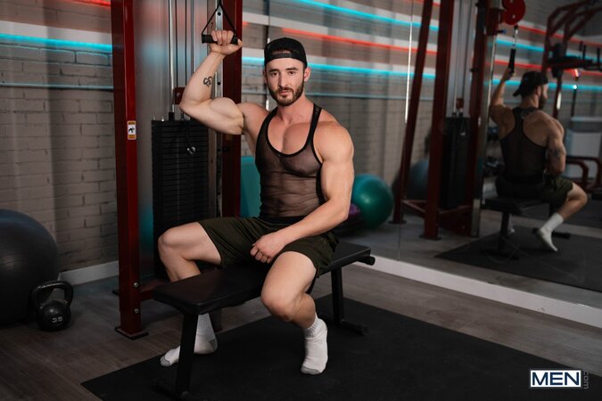 David Rage interrupts the workout video of Andrew Rage for a heavy gym fuck