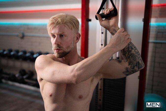 David Rage interrupts the workout video of Andrew Rage for a heavy gym fuck