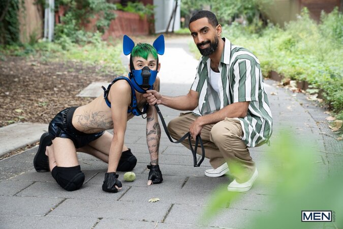 Ali Rush takes leashed sub Charly Willinsky home for a masked couch pounding
