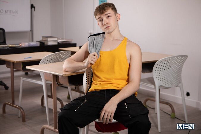 Rebellious student Ezra Mahomes draws on a desk and gets fucked by teacher Seb Leblan