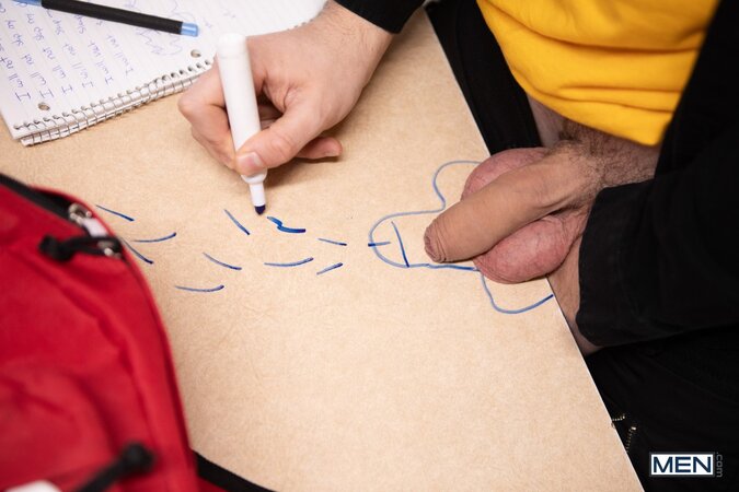Rebellious student Ezra Mahomes draws on a desk and gets fucked by teacher Seb Leblan