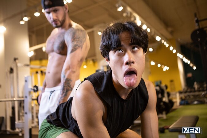 Jay Wu hides a gym boner until Parker Savage offers a locker room form lesson