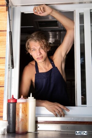 Leo Louis cums on a hot dog before pounding Thick Angel in the food truck
