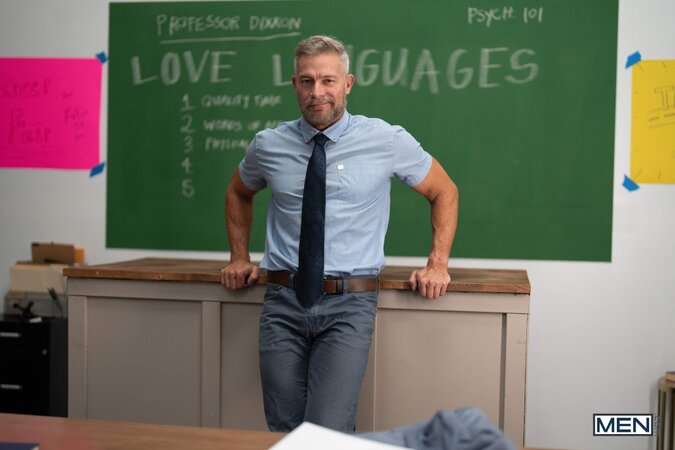 Professor Greg Dixxon gets fucked on his desk by frat bro Jake Preston