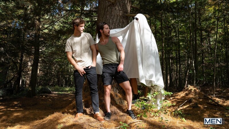 Chuck Conrad flashes his big cock in the woods to Theo Dore and Benjamin Blue