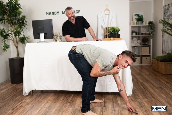 Cole Connor sneaks into the treatment room to fuck client Trevor Brooks
