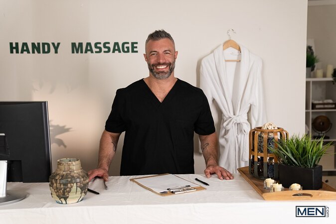 Cole Connor sneaks into the treatment room to fuck client Trevor Brooks