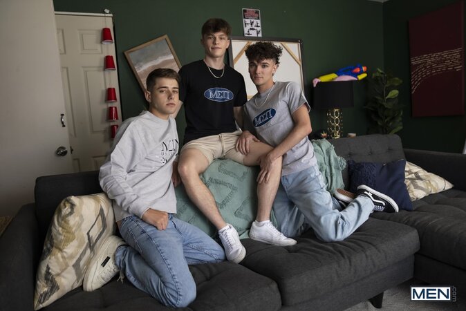 Joey Mills gets spit roasted by frat bros Jake Preston and Aaron Elias