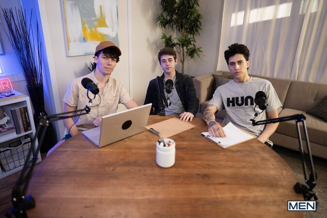Podcaster Cristiano gets spit roasted by guests Joey Mills and Angel Elias