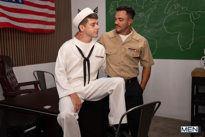 Navy twink Joey Mills gets disciplined on the desk by officer Javao