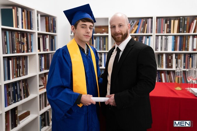 Joey Mills celebrates graduation by giving professor Brody Meyer one last lesson