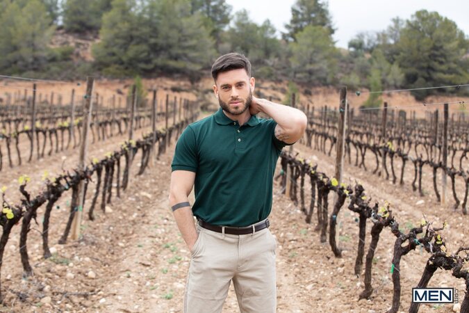 Tour guide Manuel Reyes bends Paddy O Brian over a barrel in the vineyard