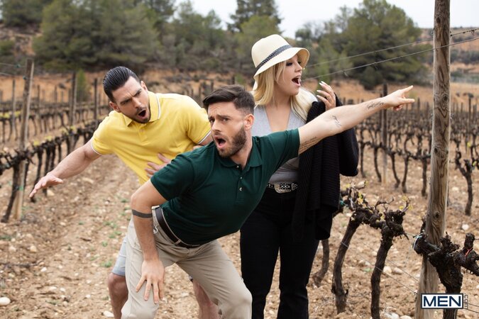 Tour guide Manuel Reyes bends Paddy O Brian over a barrel in the vineyard