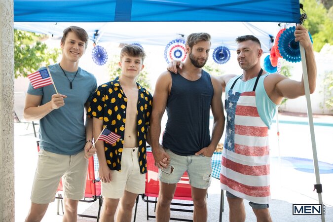 Dom King and Jake Preston sample the sausage of host Bruce Beckham