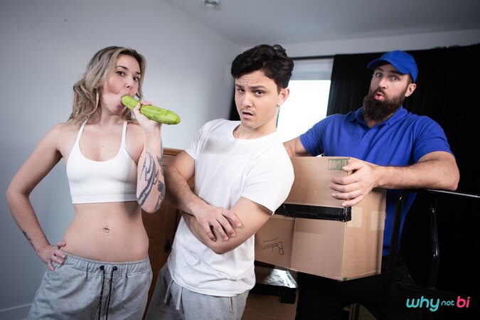 Moving Chuck carries Enzo Muller and Nikki Hunter to the bed for a wild threesome