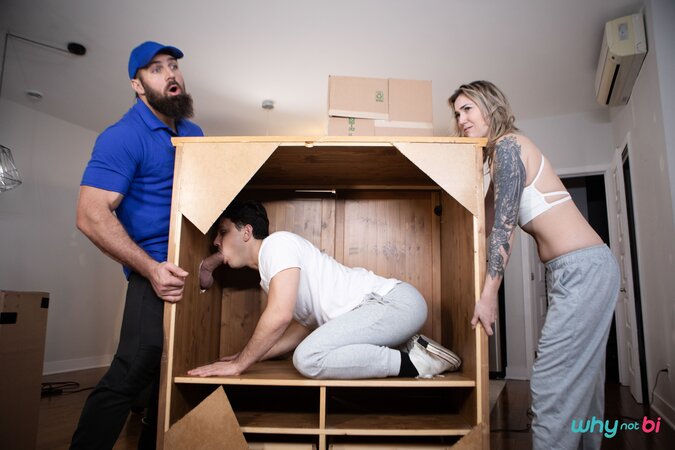 Moving Chuck carries Enzo Muller and Nikki Hunter to the bed for a wild threesome