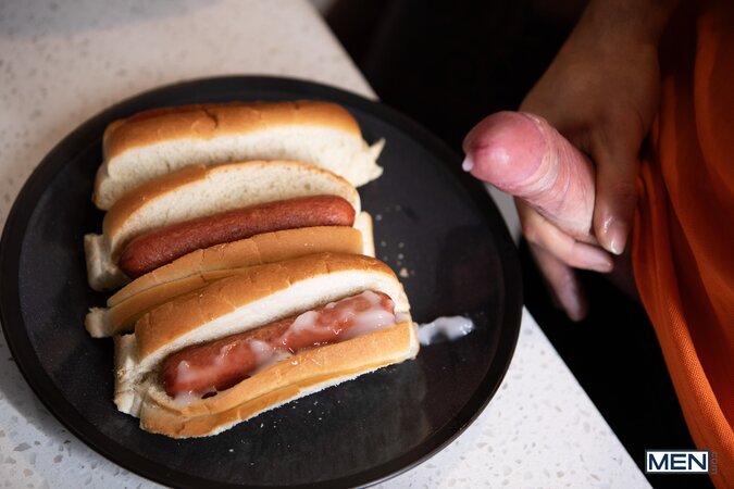 Horny daddy Daddy Cakes eats a cum dog before taking twink Maverick Sun to bed