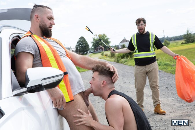 Ex-con Chuck Conrad flags down driver Trevor Brooks for a hot tailgate pounding