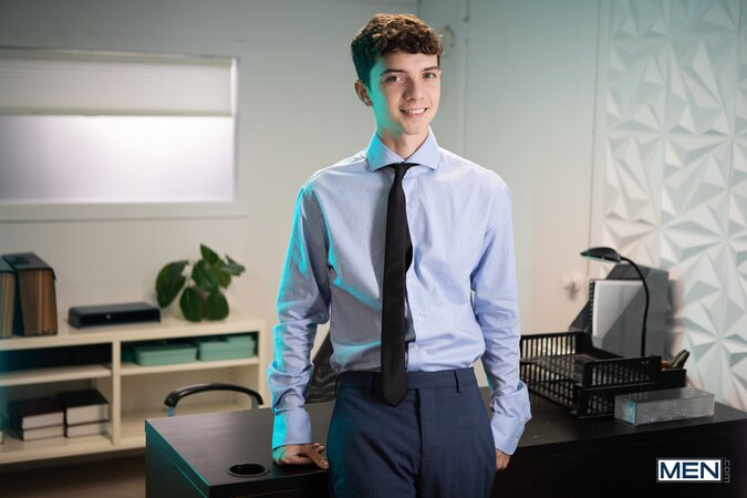 Malik Delgaty catches applicant Sam Ledger with a toy and pounds him on the desk