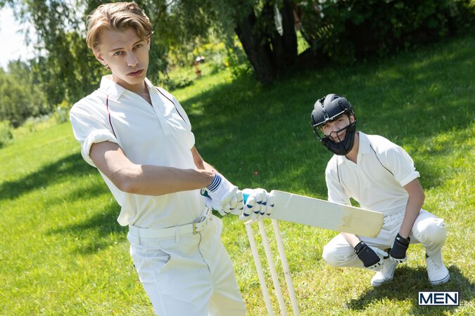 Cricket player Leo Louis takes wicket keeper Sam Ledger to the bench for a fuck