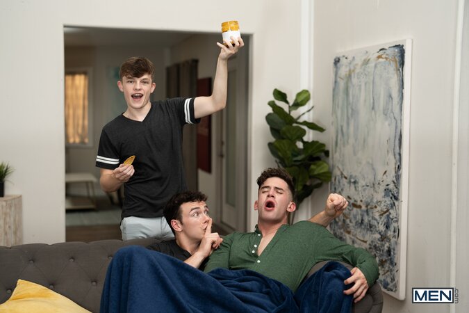Clark Reid pours nacho cheese on his cock before getting drilled by Trevor Brooks