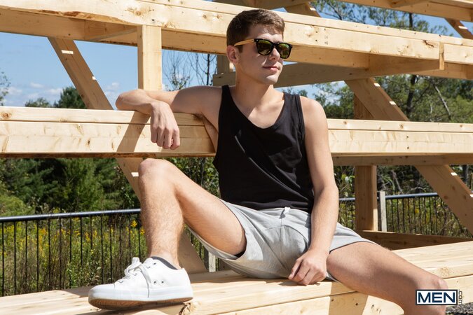 Joey Mills hides under the bleachers and gets Leo Louis hard without warning