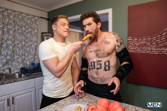 Logan Aarons helps injured Chris Damned until the favor becomes very intimate