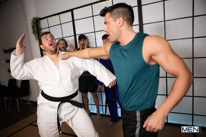 Sensei Finn Harding uses advanced martial arts moves to drill student Presley Scott